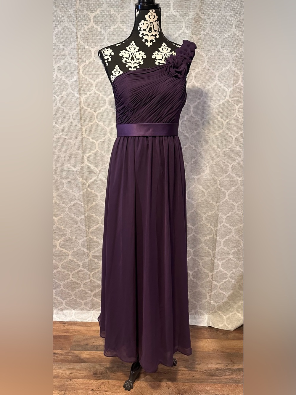 Allure Bridals One-Shoulder Deep Plum Chiffon Ruched Rosette maxi Gown size 10